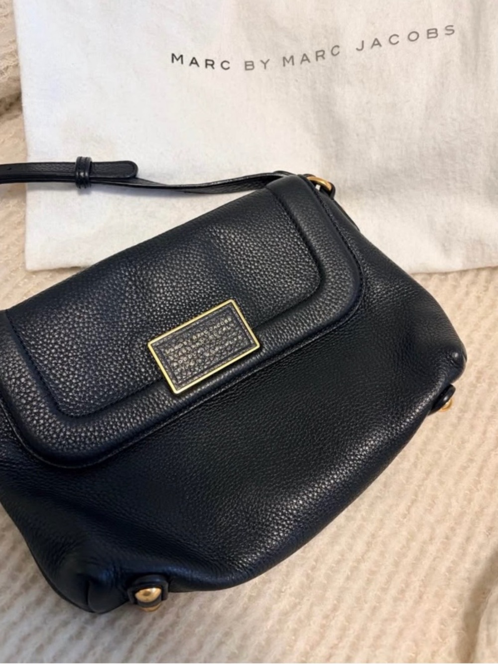 Marc by Marc Jacobs Black Pebbled Leather Crossbody with Gold Plaque